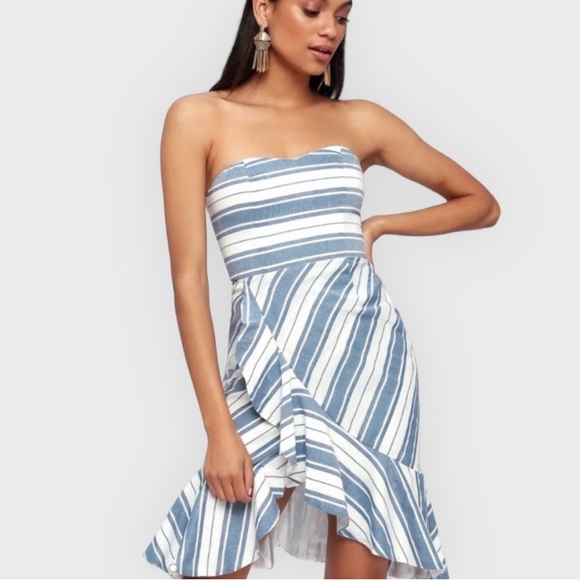 Lulus Dresses & Skirts - Lulu’s Delfino Striped Ruffled Strapless Mini Dress with Sweetheart Neckline